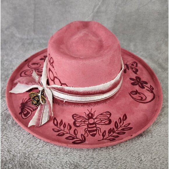 Womens Cowgirl Hat Medium Pink Felt Butterfly Bee Floral Burnt Painted Western - Picture 5 of 14